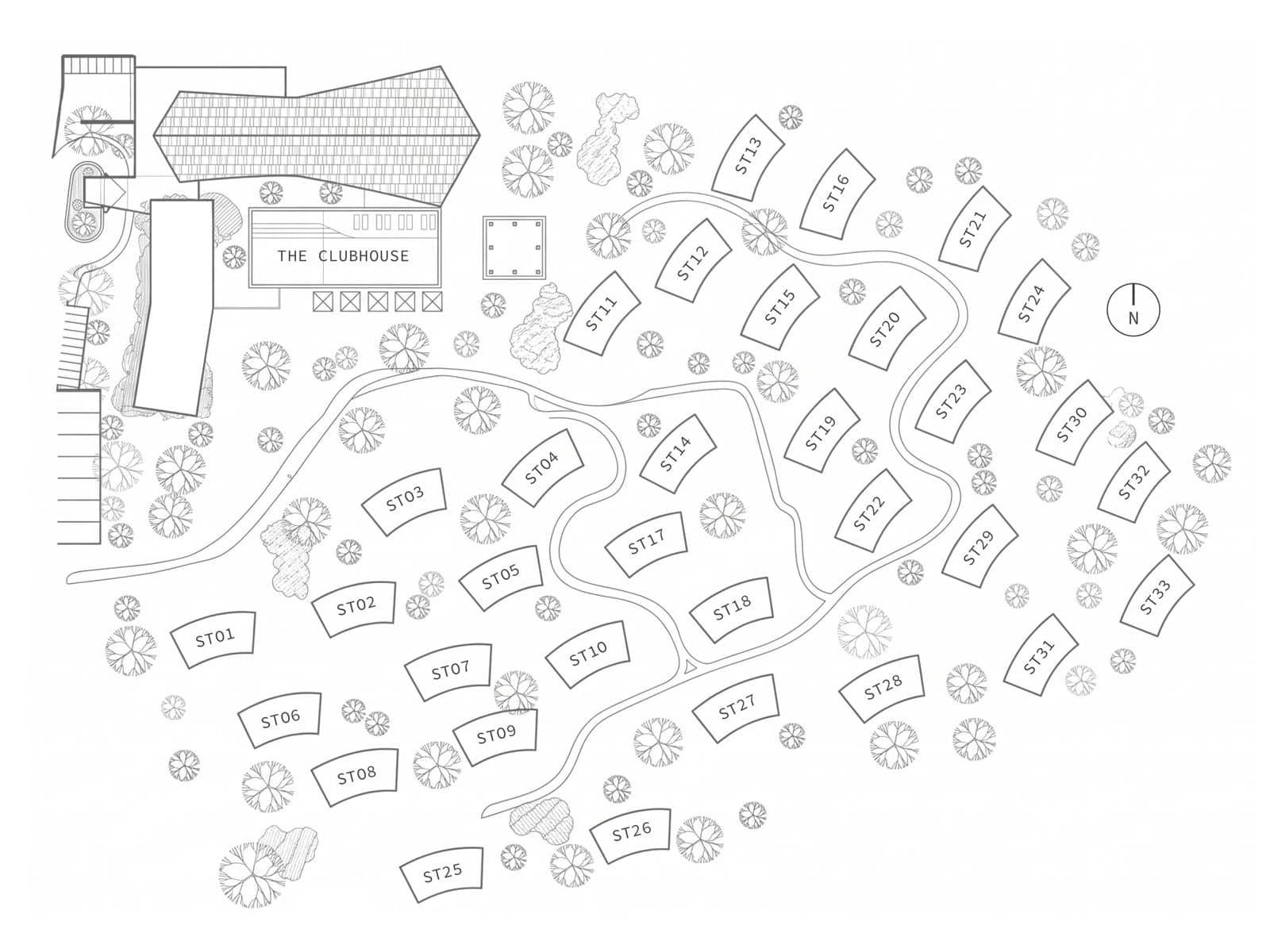Kapal Oasis site plan showing Resort Studios ST01 to ST33 around the clubhouse